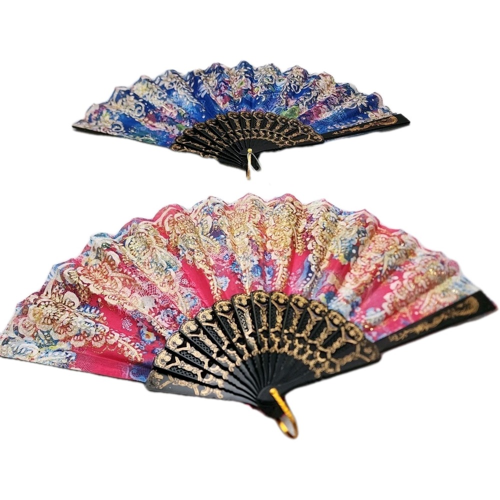 Vintage Japanese Flora  Handheld Fan 2 Piece  BLUE AND PINK